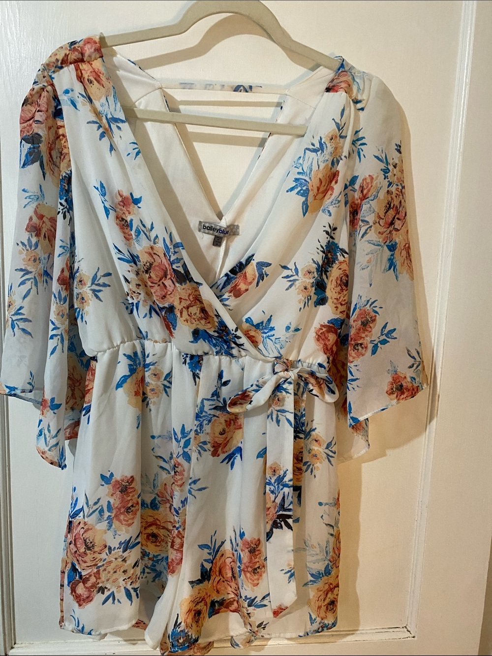 bailey blue White Dress with Blue and Peach Floral Print